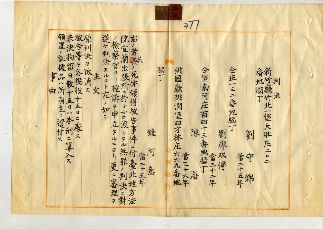 圖2:覆審法院推翻原判，改處被告各懲役15日確定(臺灣總督府檔案000111180590378)