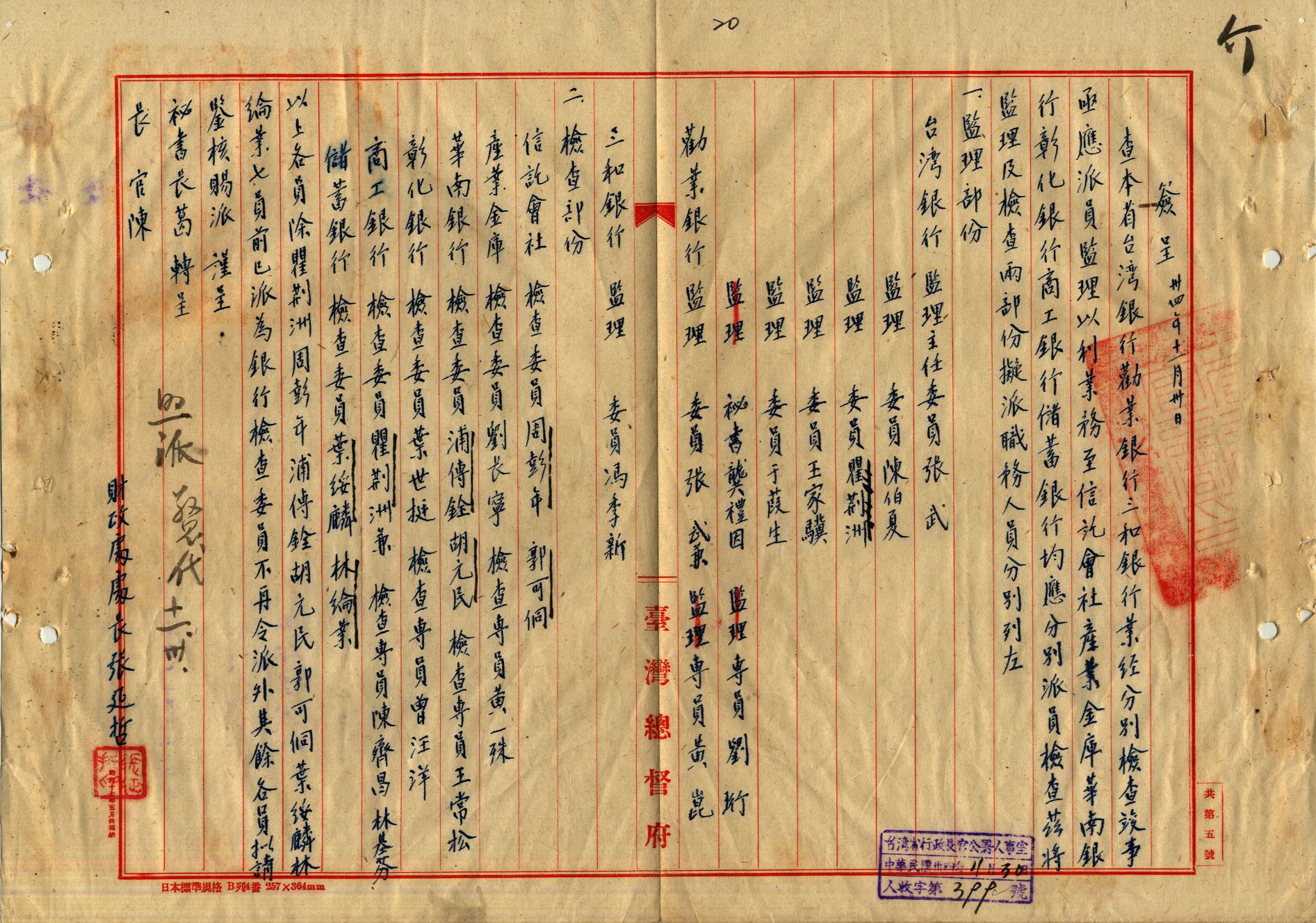 圖2：民國34年11月30日派周鵬年等任臺灣信託株式會社檢查委員，開始該會社檢查工作。（資料來源：臺灣省行政長官公署檔案114500350020）