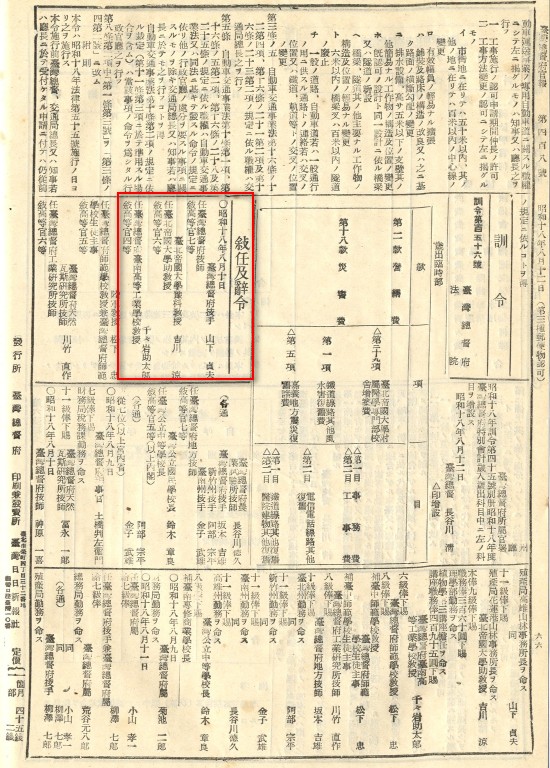 昭和18年8月10日擔任臺灣總督府臺南高等工業學校教授（《臺灣總督府官報》第408號）