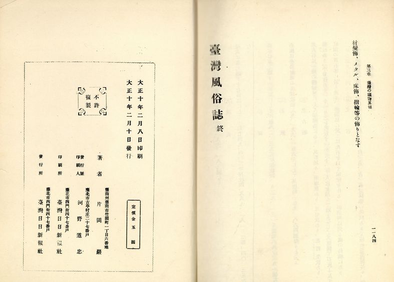 臺灣風俗誌之版權頁