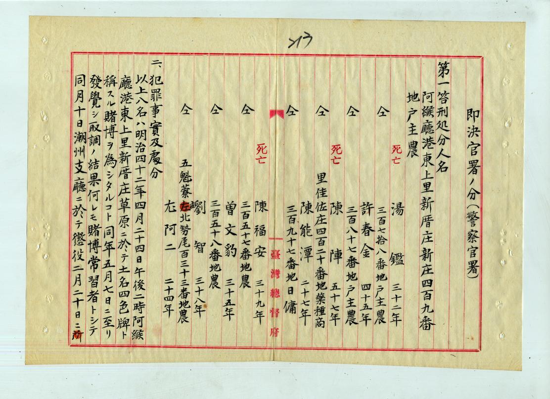 圖十一：陳福安、湯鑑、陳陣三名賭博犯受處笞刑後死亡之案情及處分始末報告書（一）（臺灣總督府檔案000111070320214）
