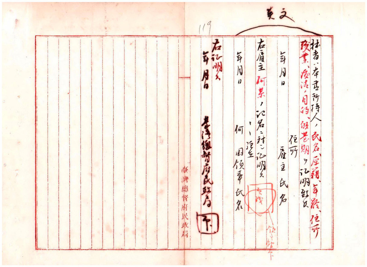 圖2：清國人再渡臺証明雛形(臺灣總督府檔案000002470040122)