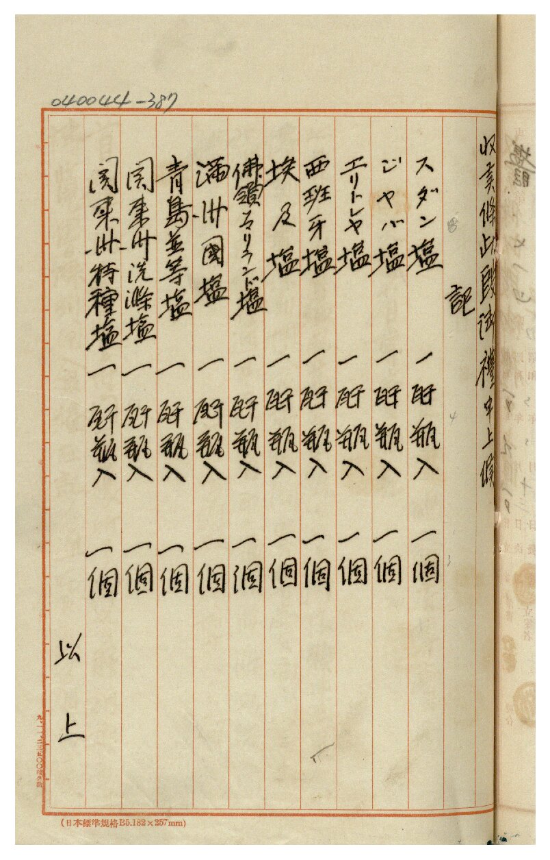 圖7：始政四十周年紀念博覽會展覽之外國鹽（典藏號006040044012063）