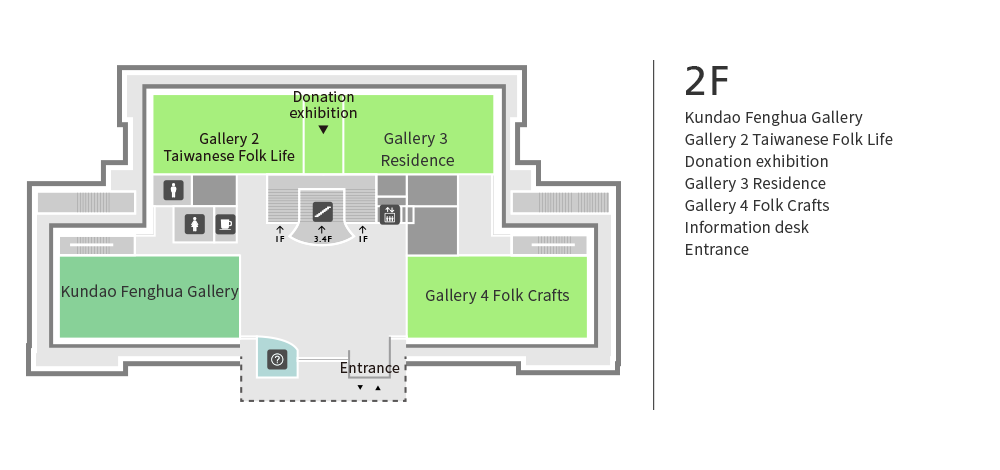 There are Donation exhibition, Gallery 2 (Taiwanese Folk Life), Gallery 3 (Residence), Gallery 4 (Folk Crafts) and Kundao Fenghua Gallery.