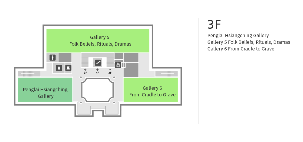 There are Gallery 5 (Folk Beliefs, Rituals, Dramas), Galley 6 (From Cradle to Grave)and Penglai Hsiangching Gallery.