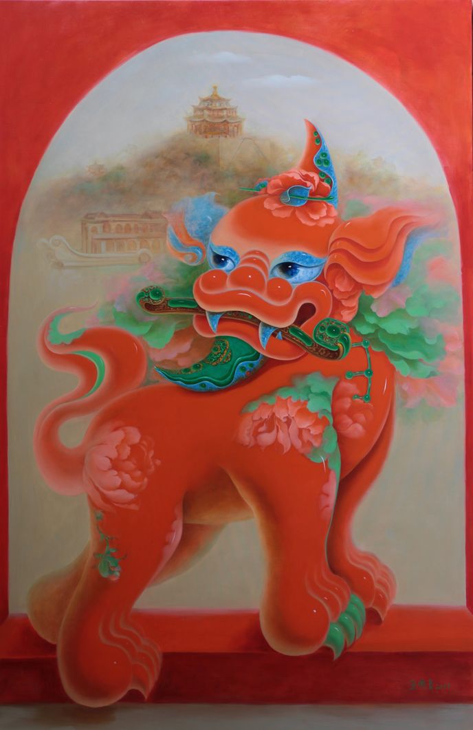 圖5：展件：貔貅故宮戲寶～  遊御和園 布面油畫