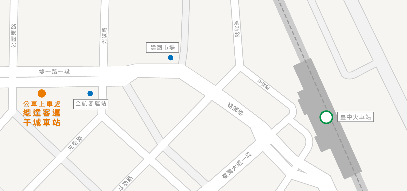 搭乘大眾運輸工具交通示意圖 本圖介紹台中火車站與總達客運、台中客運相關位置。可於此兩處搭乘公車前往本館